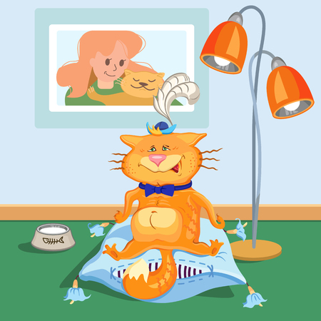 A cat sitting on a pillow, painted imitation. Hand drawn style vector design illustrationsのイラスト素材