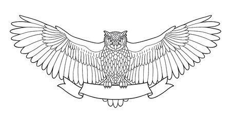 Owl. Eagle owl outline emblem in geometric hipster style with ribbon. Birds. Black white hand drawn doodle. Icon design on white background. Vector line iconのイラスト素材