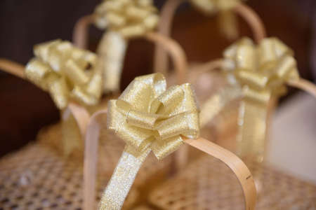 Gold ribbin Bow on giftの写真素材
