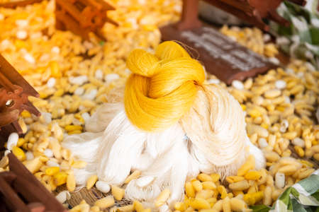 Silk threads and cocoons placed in a wooden basket Prepared for weaving into a large piece of silk...