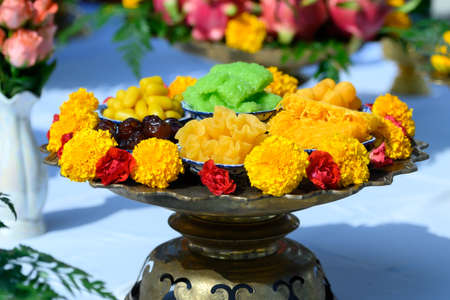 Various fruits and offerings were arranged for the worshiping ceremony of the gods. of hinduismの写真素材
