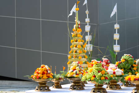 Various fruits and offerings were arranged for the worshiping ceremony of the gods. of hinduismの写真素材