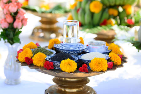 Various fruits and offerings were arranged for the worshiping ceremony of the gods. of hinduismの写真素材