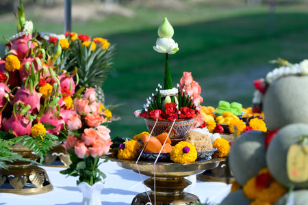 Various fruits and offerings were arranged for the worshiping ceremony of the gods. of hinduismの写真素材