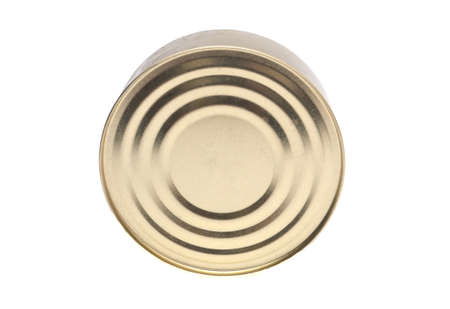 One can of canned food standing end-on isolated on white background.