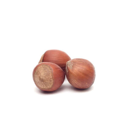 Three hazelnuts isolated on a white backgroundの写真素材