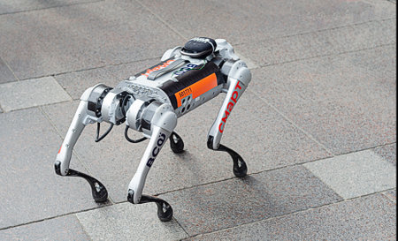 St.Petersburg,Russia-June 12,2022:Robot dog is on the pavement on the street.のeditorial素材