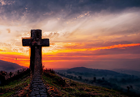Sunset, Christian cross on the hillの写真素材
