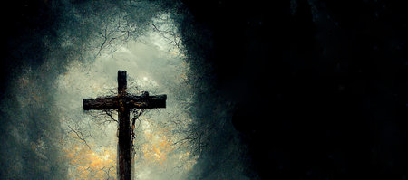 silhouette of religous cross in the arch of lightの写真素材