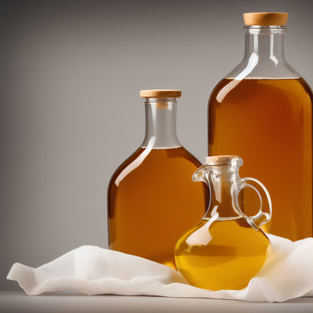 Two high bottles of apple cider vinegar and decanter with apple cider vinegar on on white fabric.Generative aiの素材