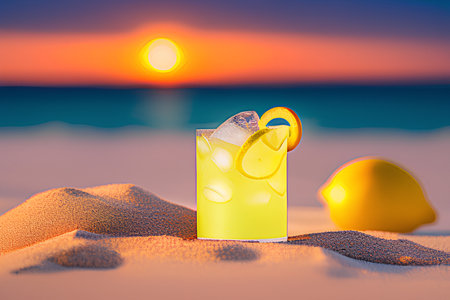 a glass of lemon cocktail with slices of lemon and ice standing in sand on seashore beach.の写真素材