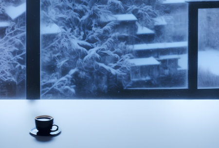 A cup of aroma coffee on winter view from window.Winter morning with coffee.Generative ai.の写真素材