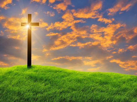 On sunset, tall wooden cross on hilの素材