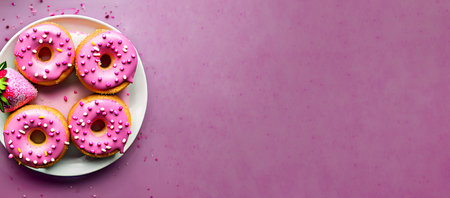 four strawberry donuts sprinkled and one slice of strawberries on a plate on a pink backgroundの素材