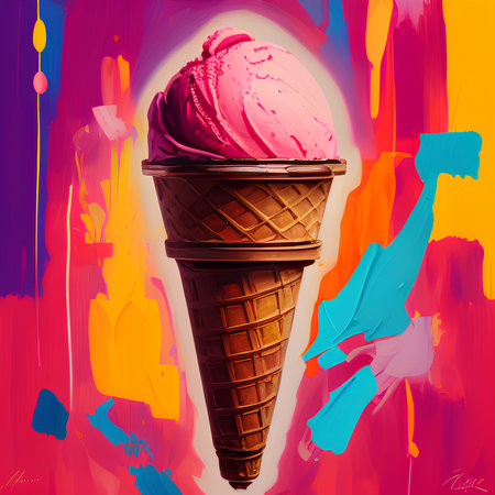 Strawberry ice-cream cone in multicolour painting background.Generative aiの素材