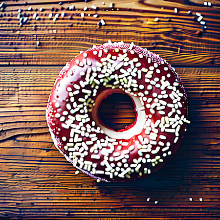 Strawberry doughnut with sprinkles on a wooden backgroundの素材
