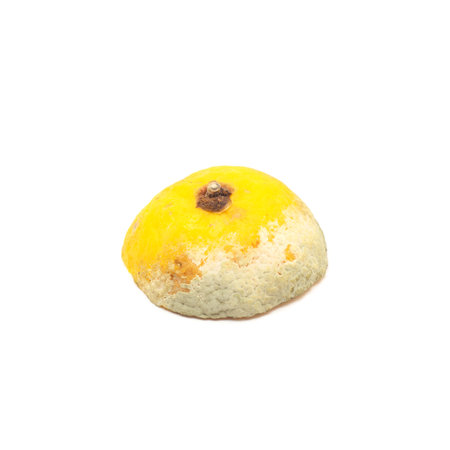 Ugly food.Third of moldy lemon isolated on white background.の写真素材