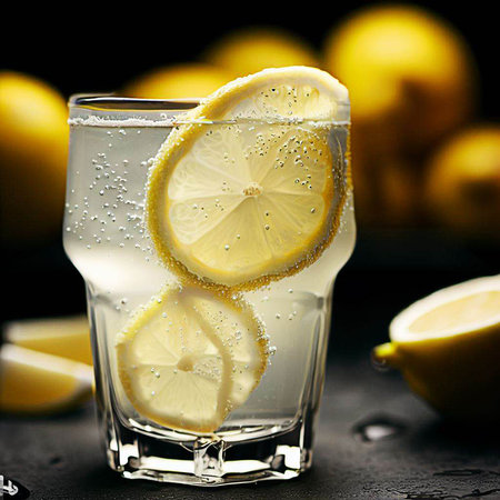 Lemon cocktail with ice and lemon slices on a black background.の素材