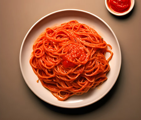 Italian pasta with tomato,top view. Generative aiの素材