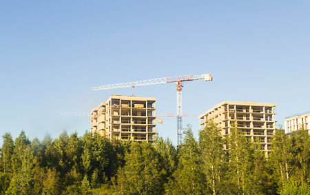 Construction crane and two construct buildings on blue skyの写真素材