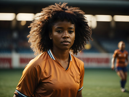 Portret of african soccer woman in soccer match.の素材