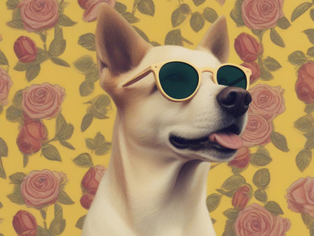 Fashion dog in yellow glasses om valentine day flower background.Valentine dayの素材