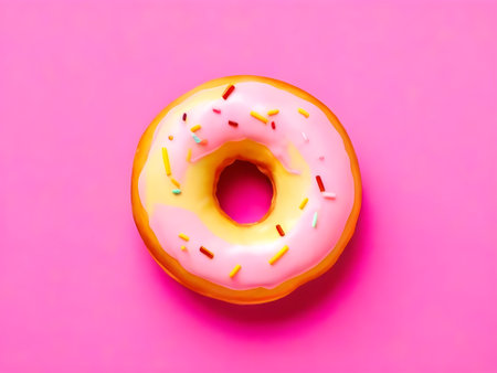 Donut with sprinkles pinks on pastel pink background.の素材