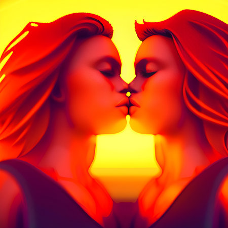 Two lesbian kissing passion,on sunset.Illustration Generative aiの素材