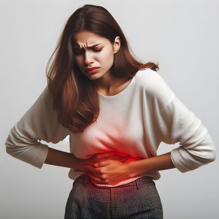 stomach ache. women have abdominal pain, indigestion, gastritis, menstrual cramps, flatulence, diarrhea, distention, colon cancer, belly inflammation problemの素材