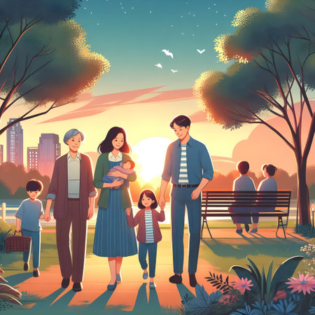 on sunset,family weekend of whole family in the park,illustrationの素材