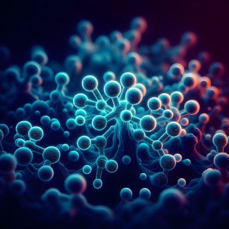 Molecules of Candida auris fungal infection in darkness,neon artの素材