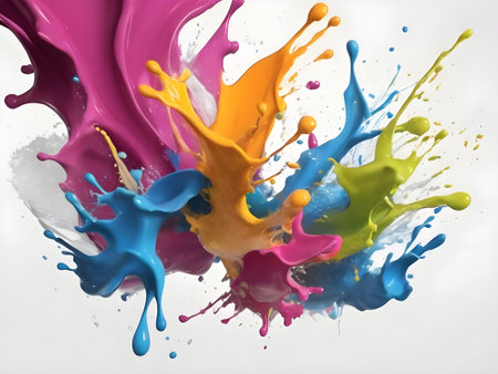 Red,blue,yellow and green splashes of paint on white background.Holi holidayの素材