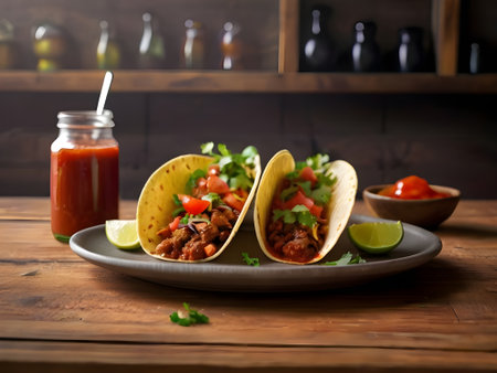 Two tacos with tomato ketchup on plate with ingredients on wooden table on kitchen.の素材