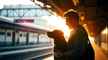 Man standing at train station platform with dog during sunset, showcasing a moment of companionship and tranquility in a travel setting with warm lightの素材