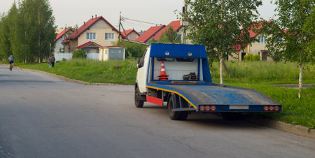 Tow truck on road, banner.の写真素材