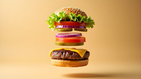 Deconstructed gourmet burger with each ingredient suspended in mid-air against.の素材