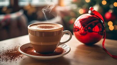 A cup of hot cappuccino coffee and red christmas ball on table in cafe.の素材