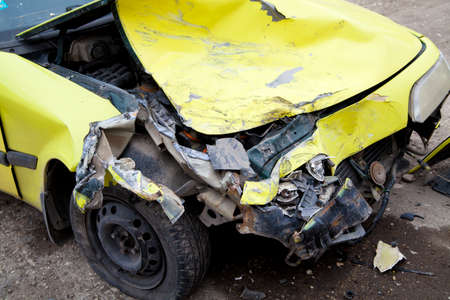 Traffic accident. Yellow crashed carの写真素材