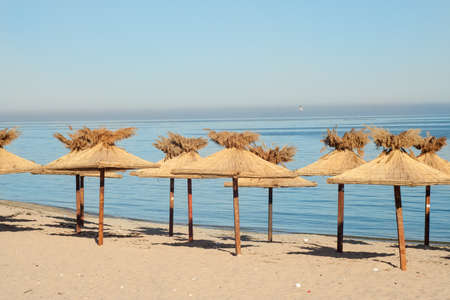 Straw umbrellas at the beachの写真素材