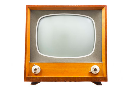 retro tv with wooden case isolated on white backgroundの写真素材