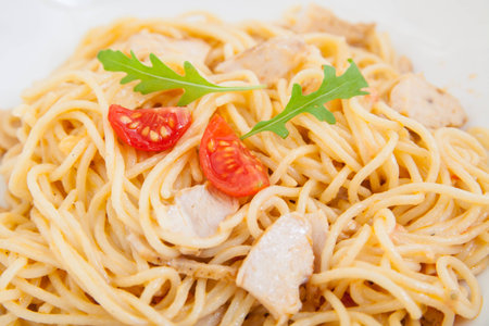spaghetti (pasta) with chicken filletの写真素材
