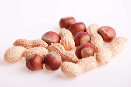 hazelnuts and peanuts on white background