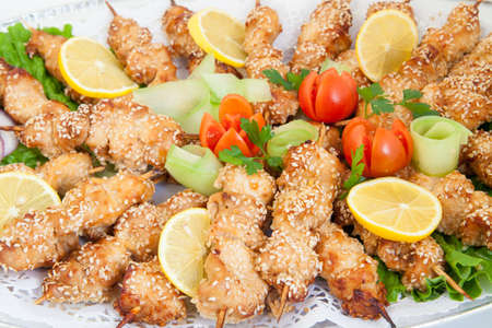 Chicken shish kebabs, skewers with vegetablesの写真素材