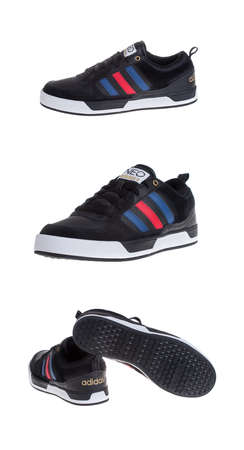 Varna , Bulgaria - SEPTEMBER 26, 2014 :ADIDAS BBNEO LITE shoes in 3 different view. Isolated on white. Product shotsのeditorial素材