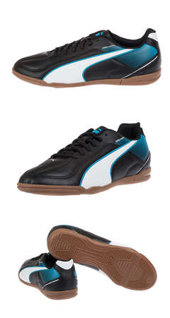 Varna , Bulgaria - AUGUST 21, 2014 :PUMA ESQUADRA shoes in 3 different view. Puma, a major German multinational company. Isolated on white. Product shotsのeditorial素材