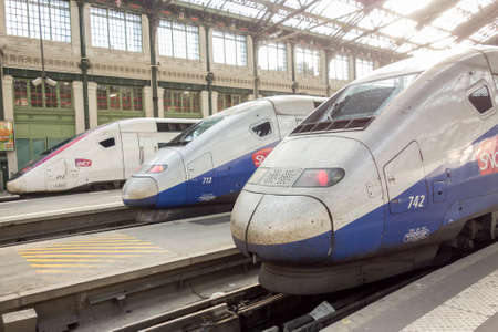 PARIS, FRANCE - APRIL 14, 2015: TGV high speed french train in gare de Lyon station on April 14 , 2015 in Paris, Franceのeditorial素材