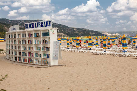 ALBENA, BULGARIA - SEPTEMBER 7, 2014 : Library on the beach in Albena. Luxury resort near Varna, Bulgariaのeditorial素材