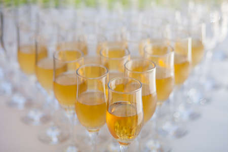 lot of glasses filled with champagne on the party tableの写真素材