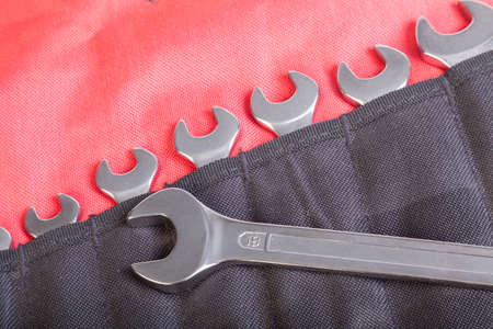Set of new wrenches on fabric caseの写真素材