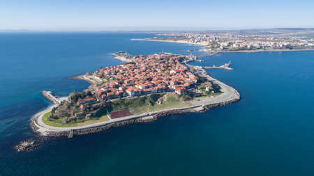 General view of Nessebar, ancient city on the Black Sea coast of Bulgaria. Panoramic aerial view.